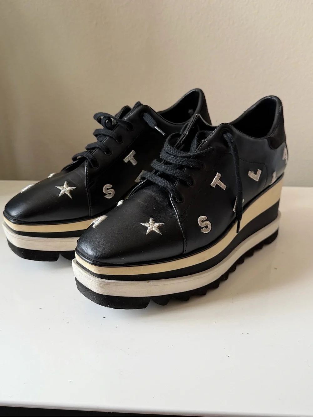 STELLA McARTNEY Elyse Black Platform Oxford Shoes Stars Size 39 Made in Italy